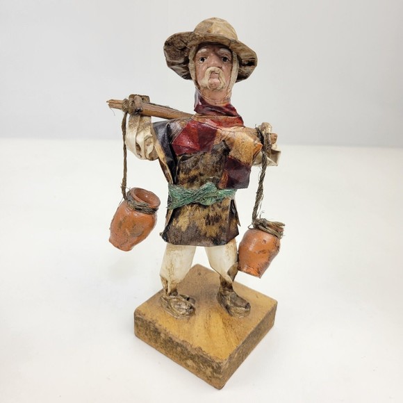 Vintage Handmade Mexican Folk Art Paper Mache Figurine Old Man With Water Jugs - Picture 1 of 12